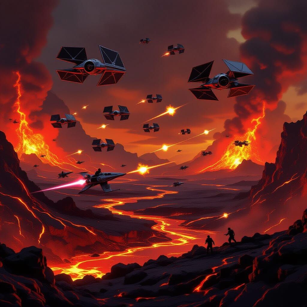 Star Wars Dogfight Over Mustafar's Fiery Landscape