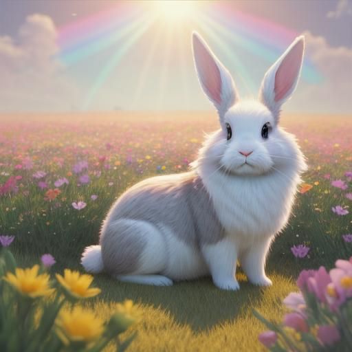 Pastel Rainbow Bunny in Flower Field: 3D Anime Art