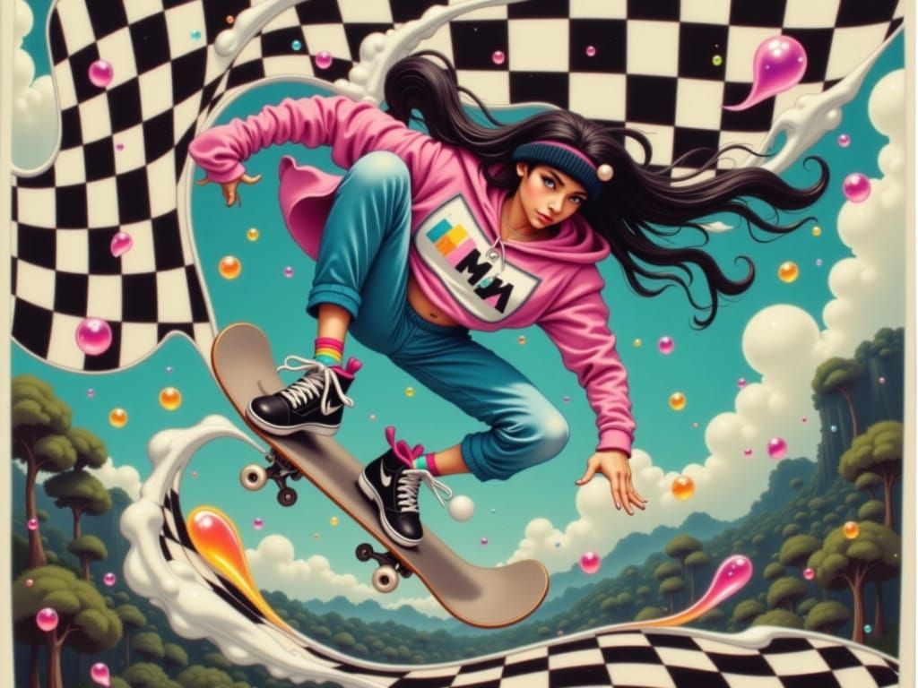 Skater Girl Mid-Air in Retro-Futuristic Style
