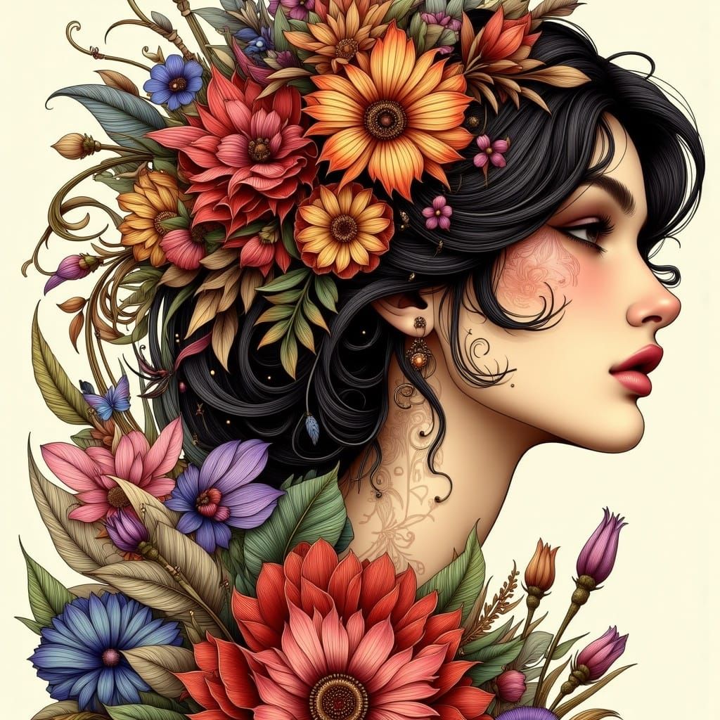 Dark Haired Beauty in Art Nouveau Punk Style