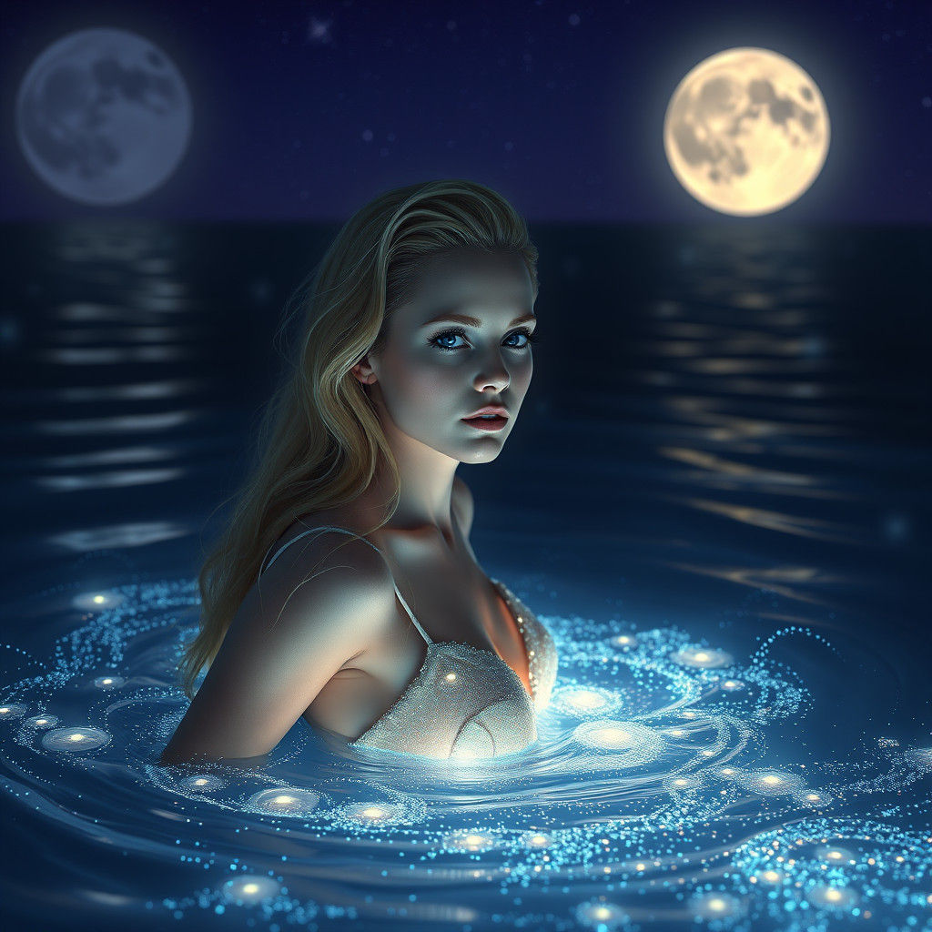 Bioluminescent Woman in Ocean, Dreamy Matte Painting