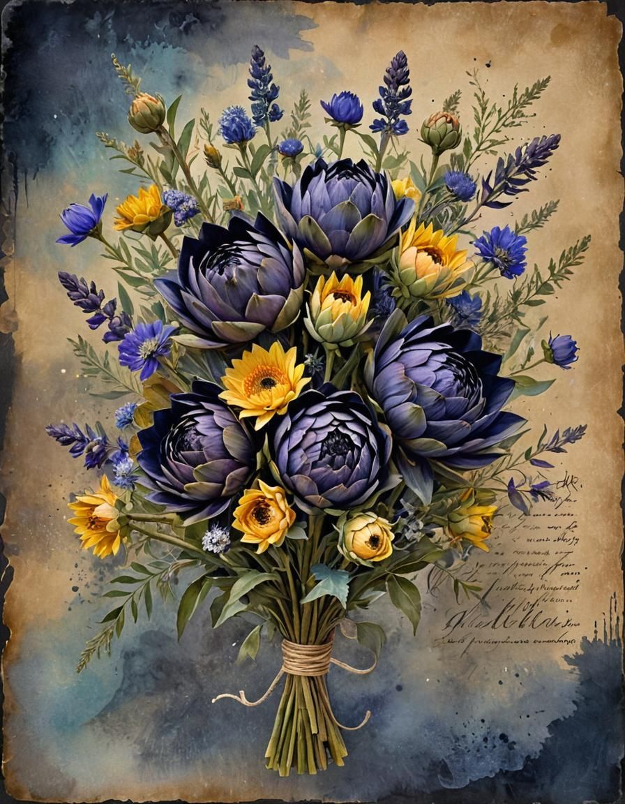 Vibrant Gothic Watercolor Artichoke Bouquet with Raven