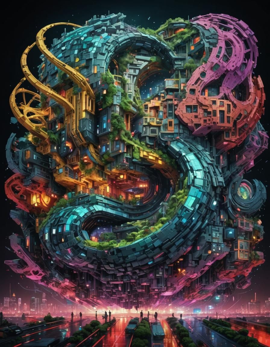 Pixelated Neofuturistic Landscape with Surreal Elements