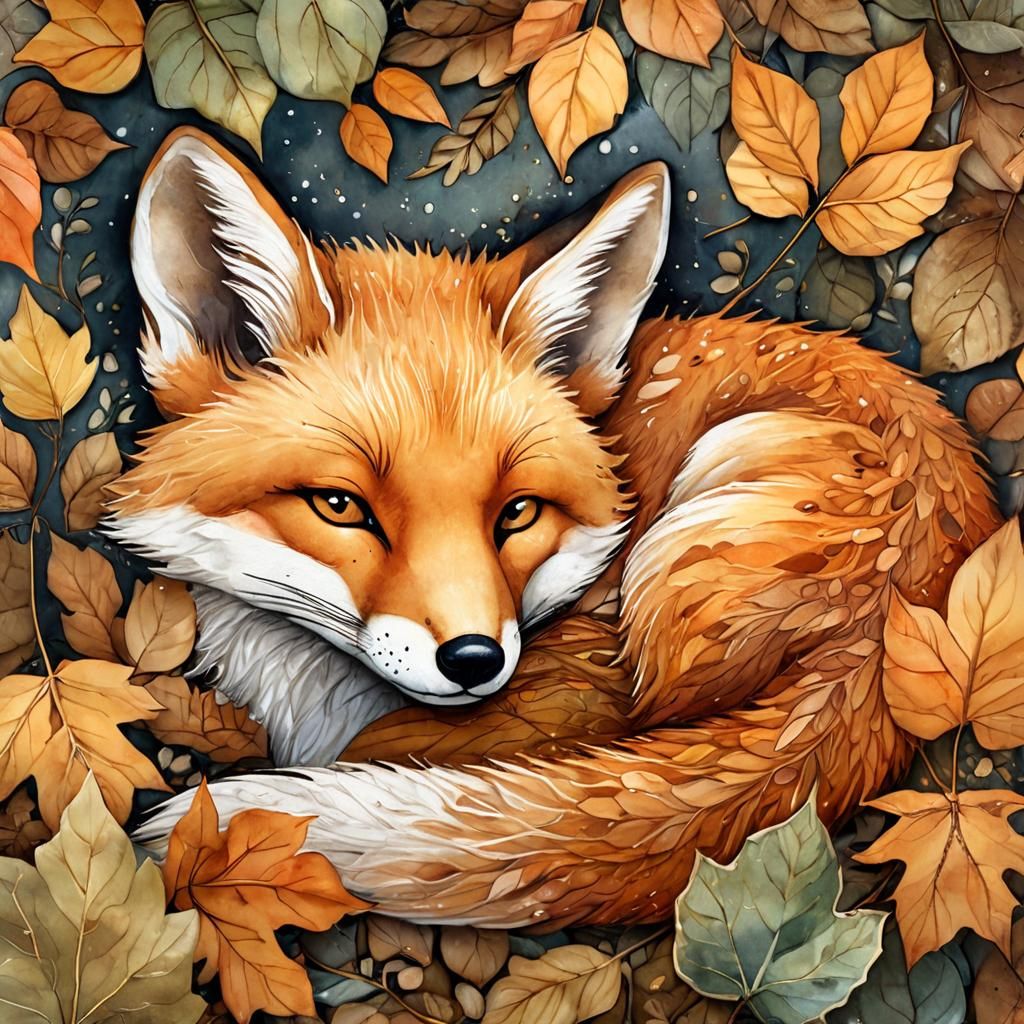 Baby Fox Asleep on Autumn Leaves: Nature Illustration