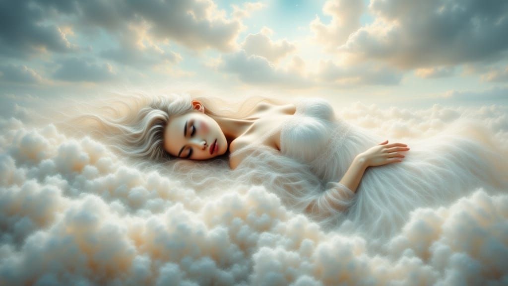 Woman Sleeping Under Luminous Silver Sky in Watercolor Style