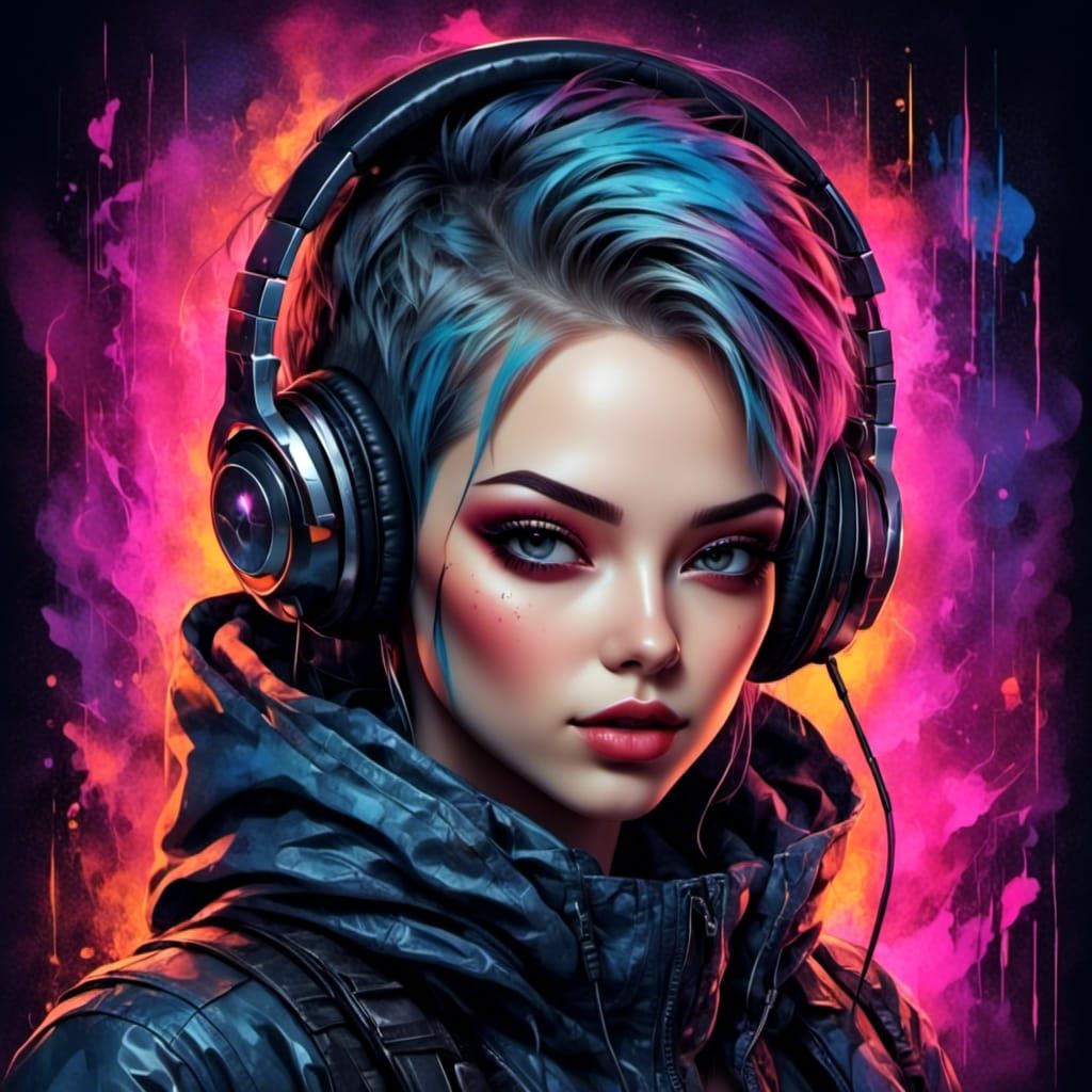 Cyberpunk Man Listening to Music in Watercolor Style