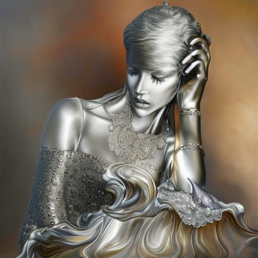 rococo (liquid metal pouring) (silver mercur);"melting liquid flowing into the bottom of the drop"; by artist "WLOP", by...