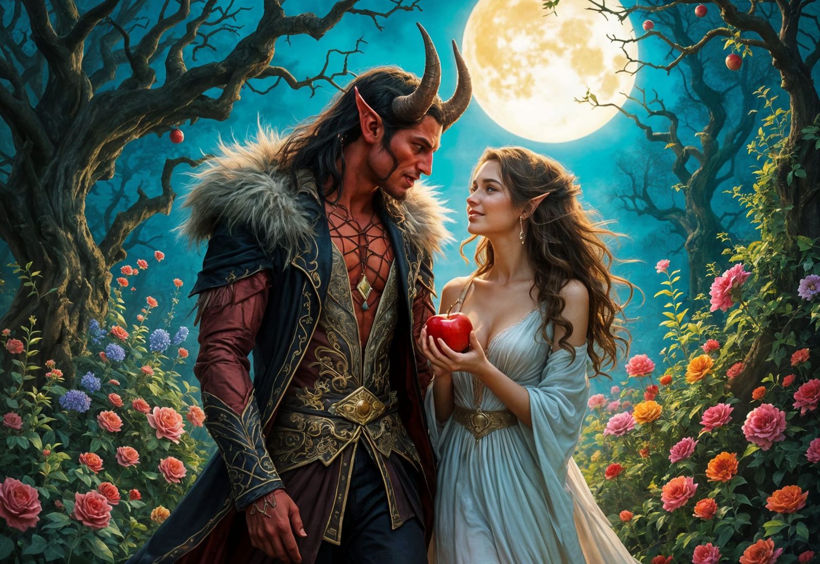 Tiefling Man Offers Apple to Human Woman