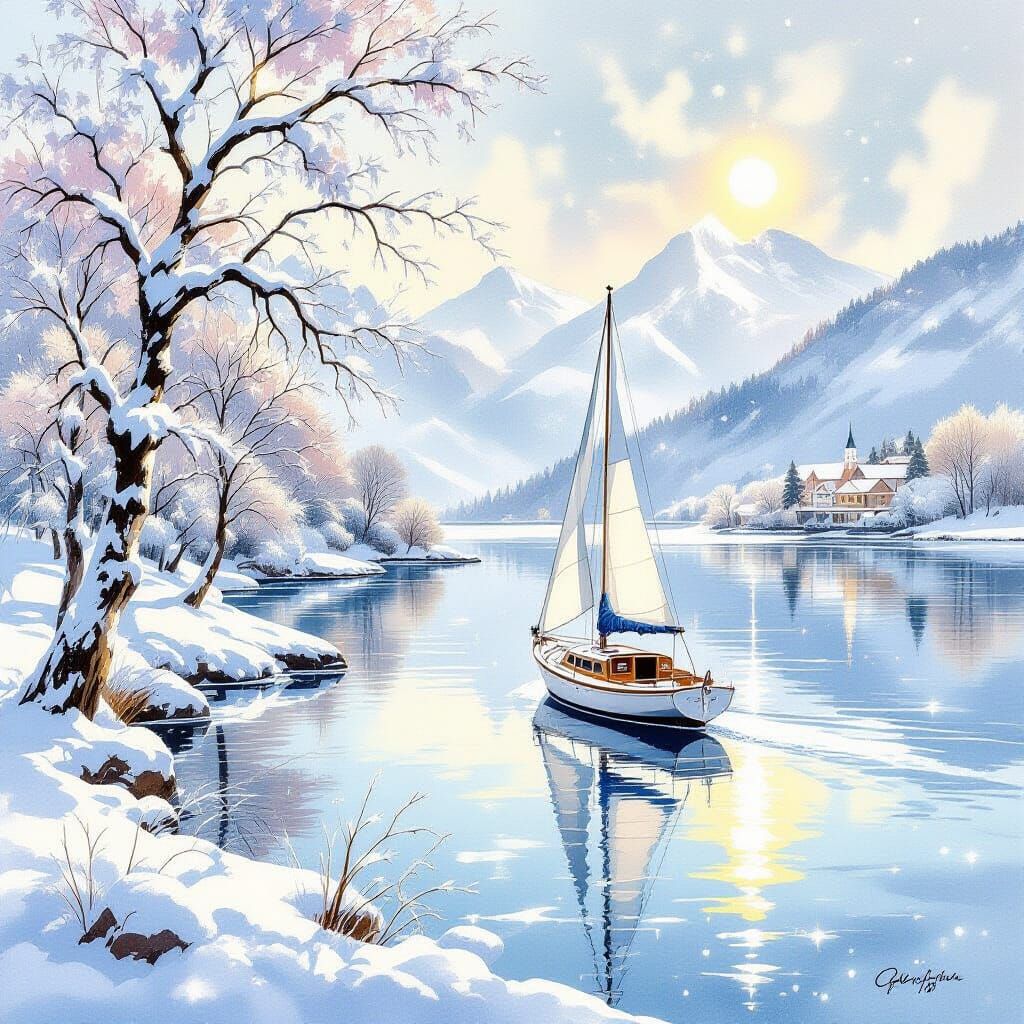 Winter Lake Scene with Sailing Boat and Frosted Trees