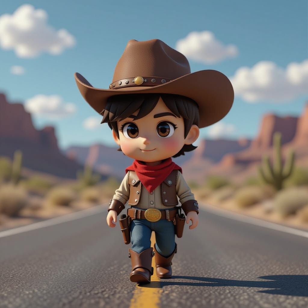 Chibi Cowboy Walks Down Road in Photorealistic Style