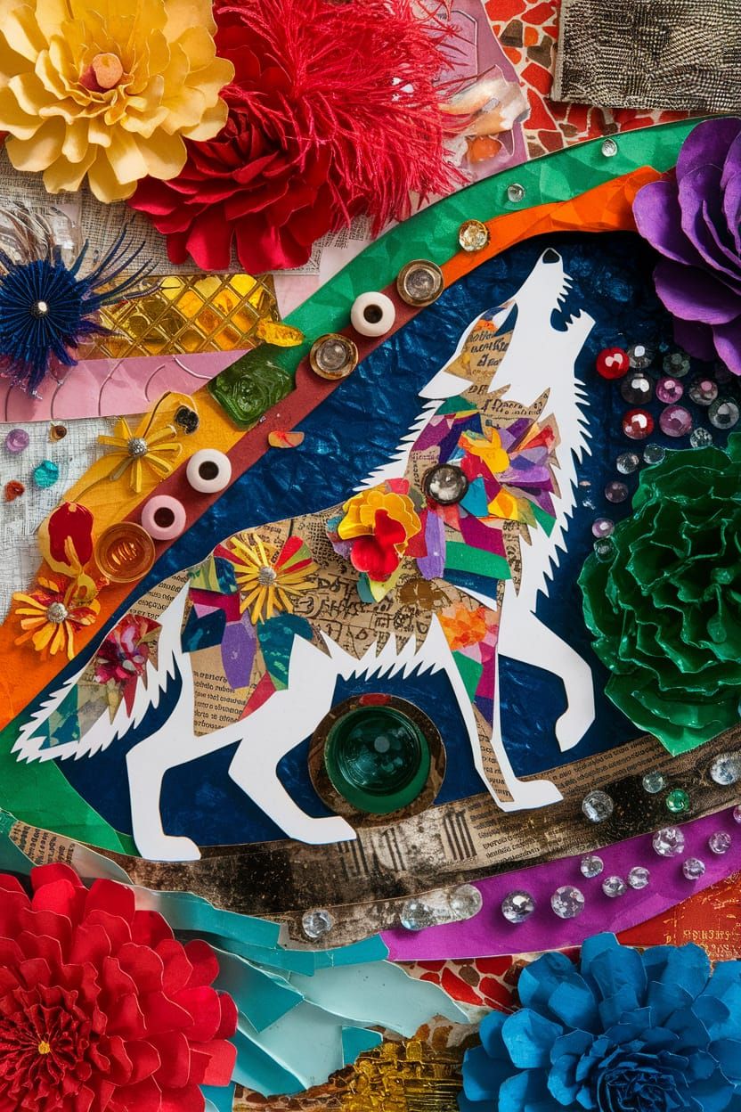 Paper Collage Howling Wolf Attack Stance