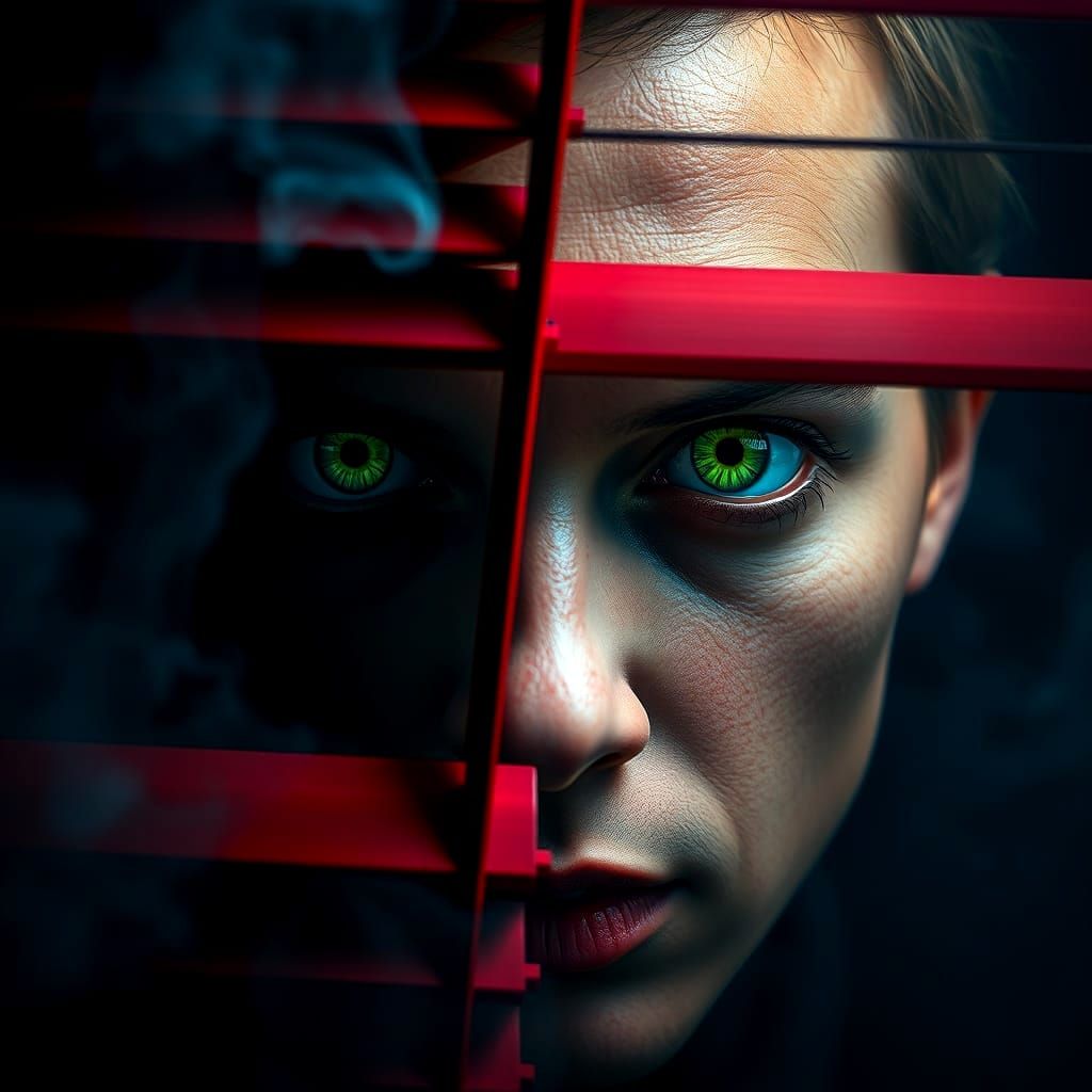 Surreal Figure with Unsettling Green Eyes