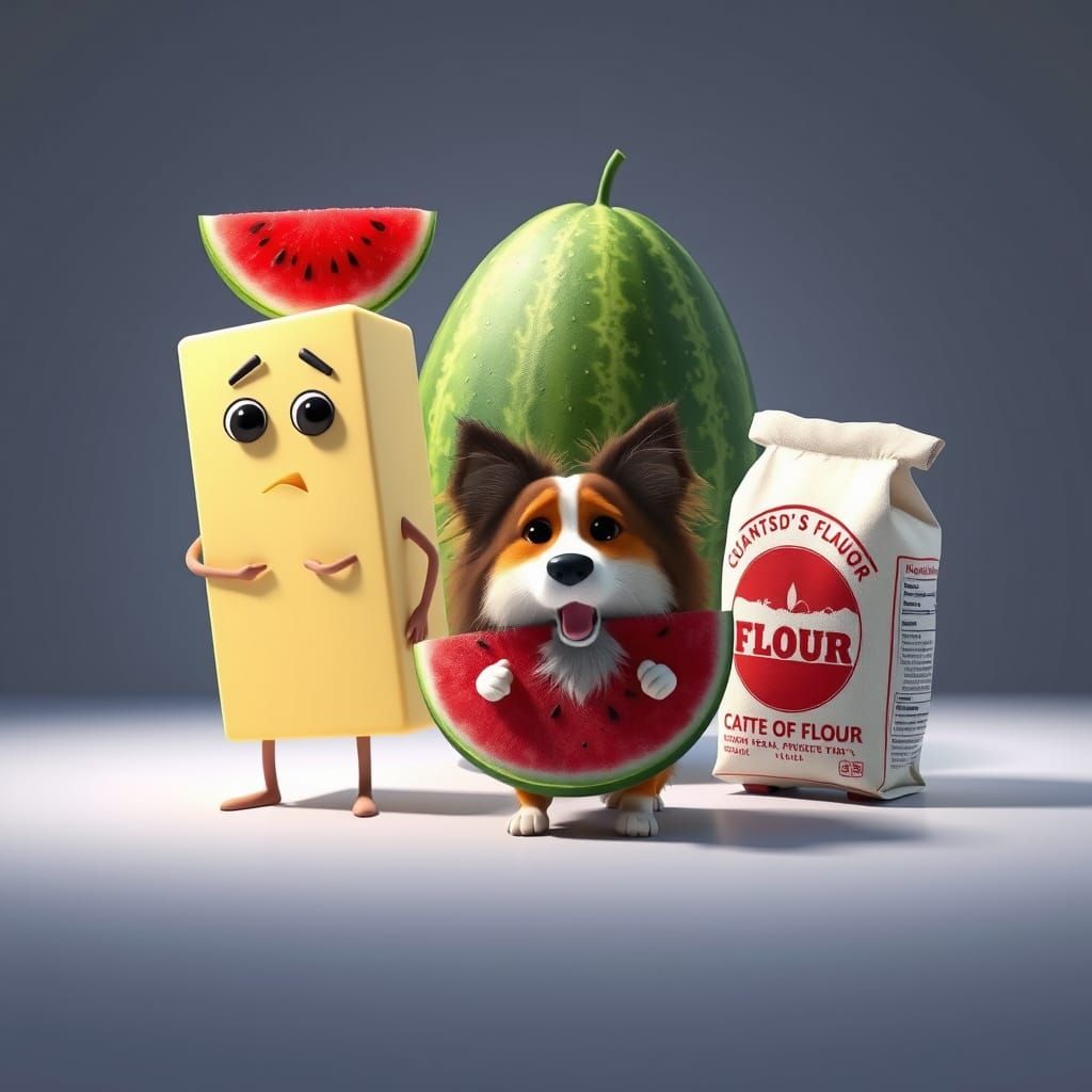 Anthropomorphic Butter, Watermelon, Collie, and Flour