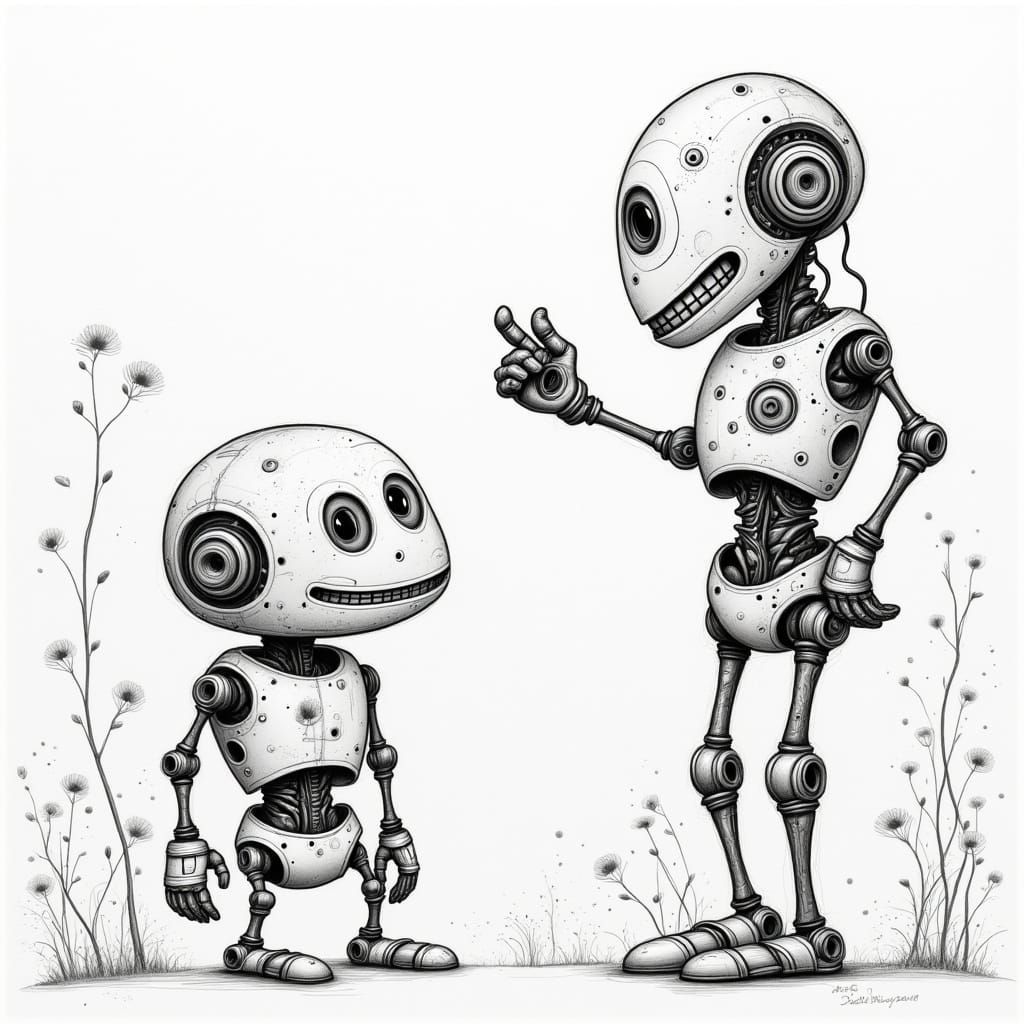 Robot Friends: A Creative Pencil Sketch Doodle