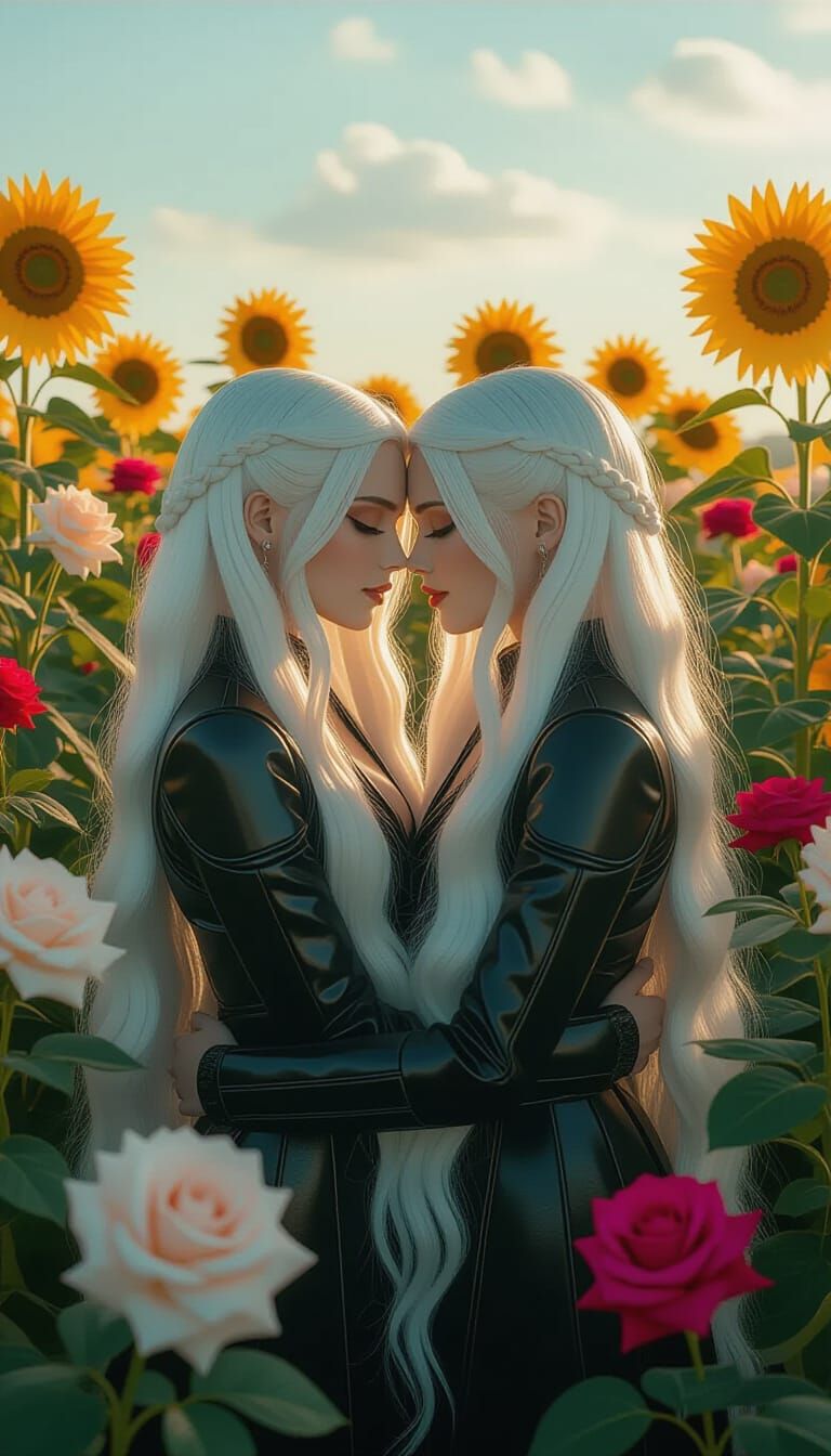 Cybernetic Women Embrace in Floral Field, Cinematic Aestheti...