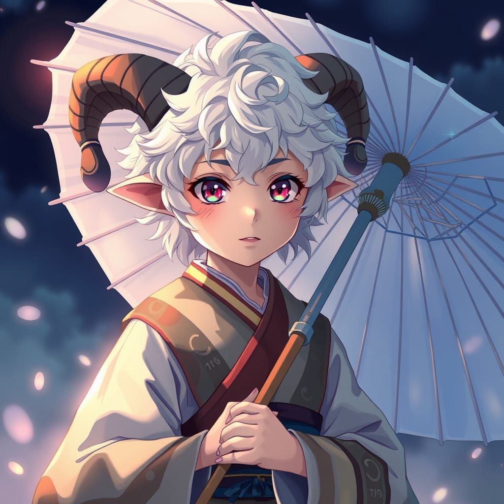 Anime Boy with Sheep Ears and Ram Horns in Vibrant Fantasy A...