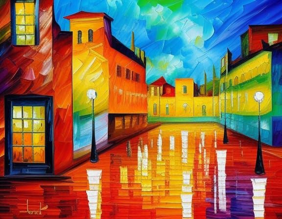 town square neo-impressionism expressionist style oil painting, smooth post-impressionist impasto acrylic painting, thic...