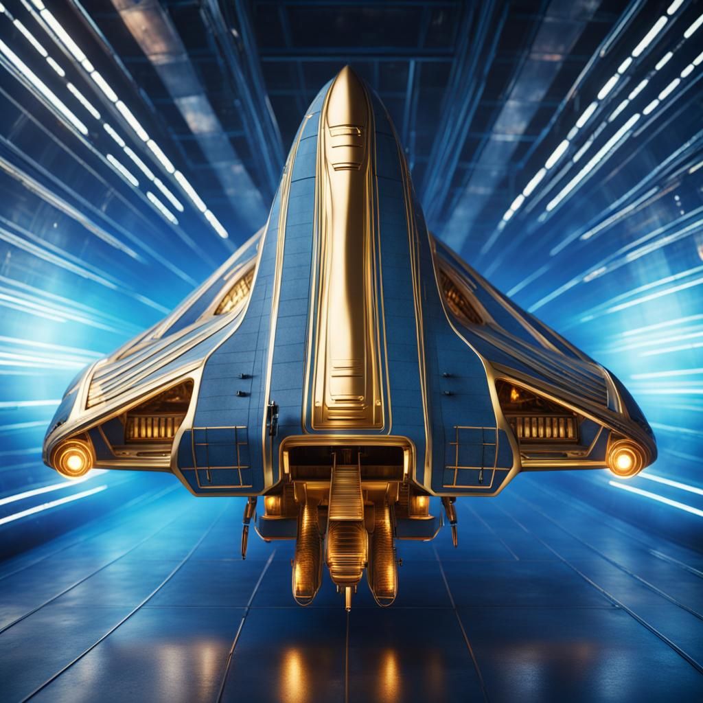 Cherenkov Radiation Spaceship with Gold Stripes