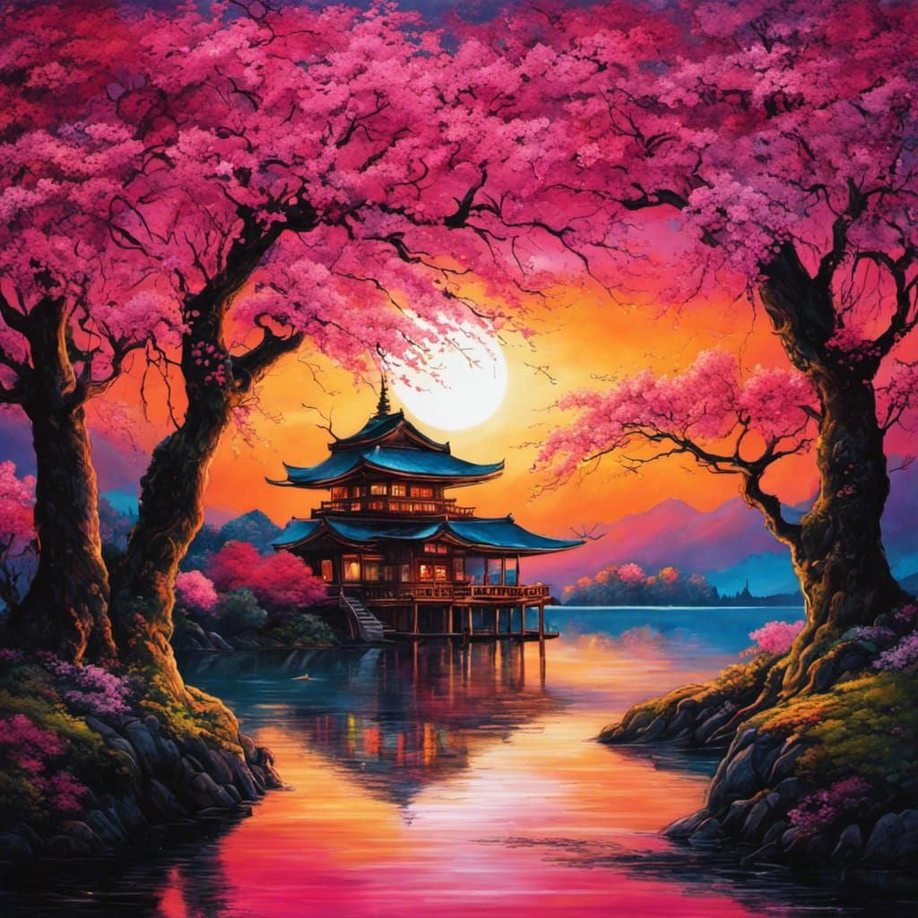Gothic Japanese House with Cherry Blossoms at Sunset