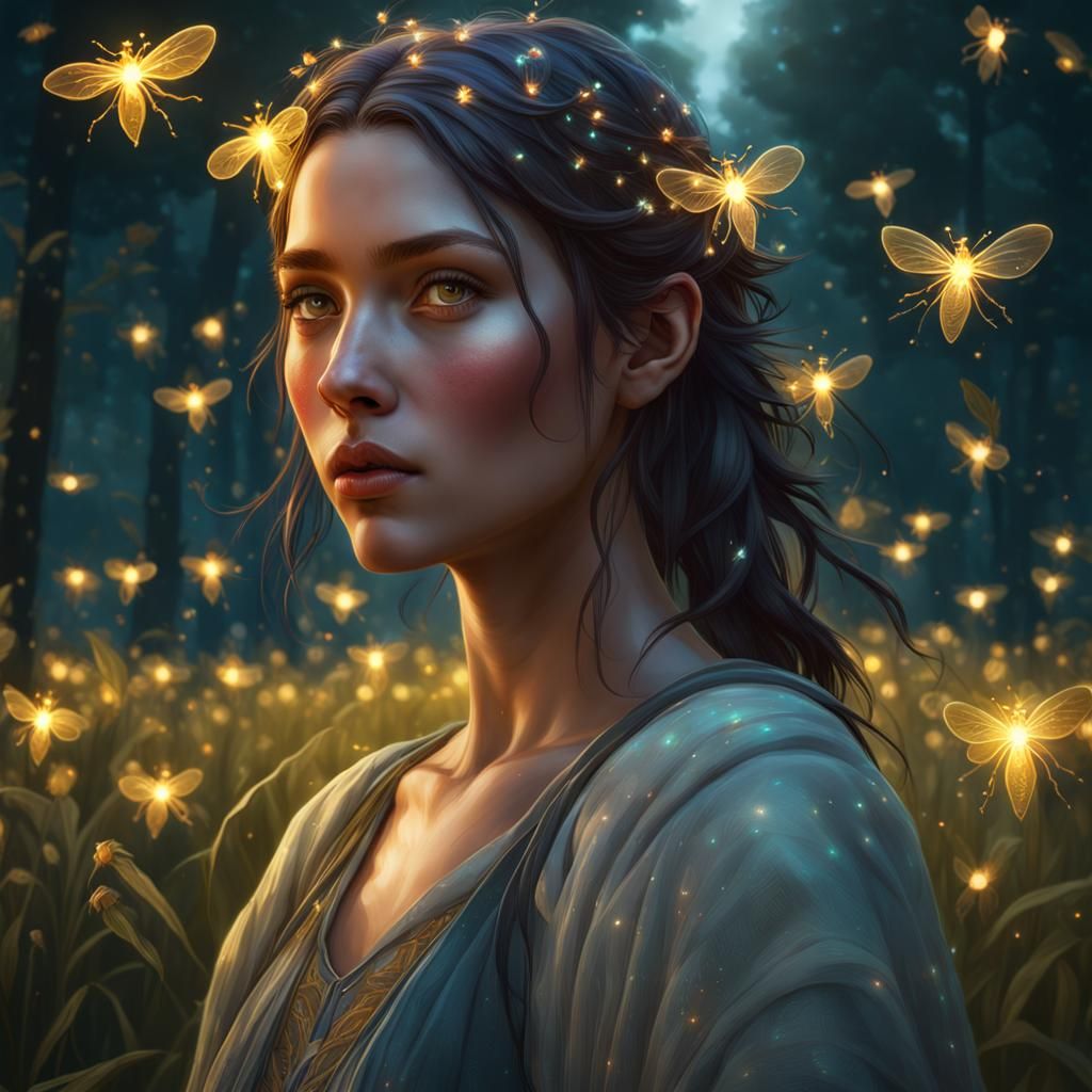 Girl in Firefly Field: Hyperdetailed Concept Art