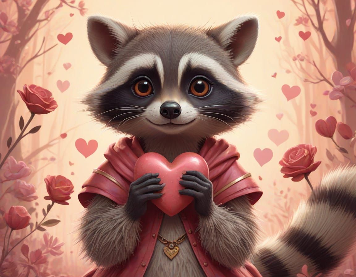Retro-Style Cartoon Raccoons Celebrate Valentine's Day