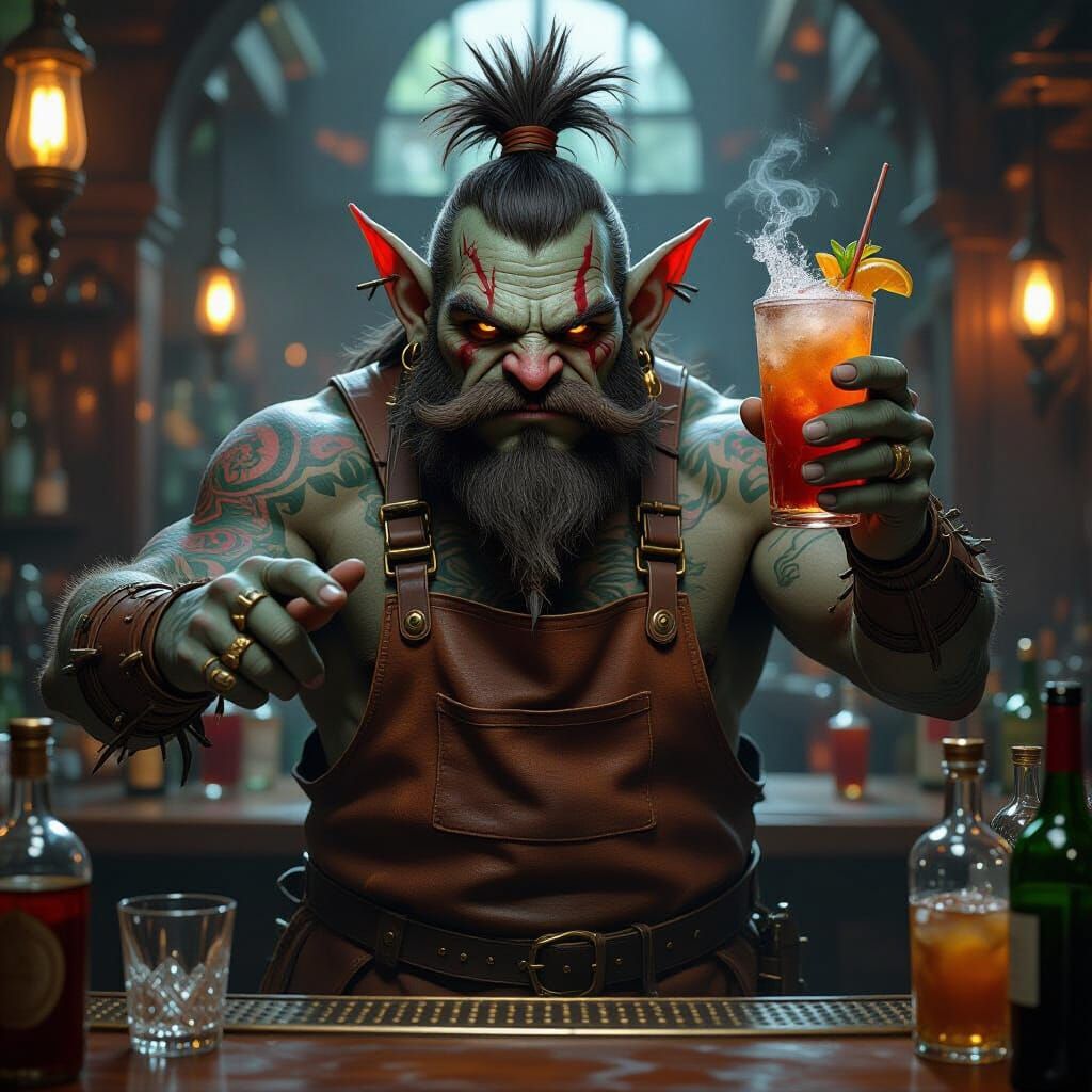 Troll Bartender Mixing Ornate Cocktail in Fantasycore Style