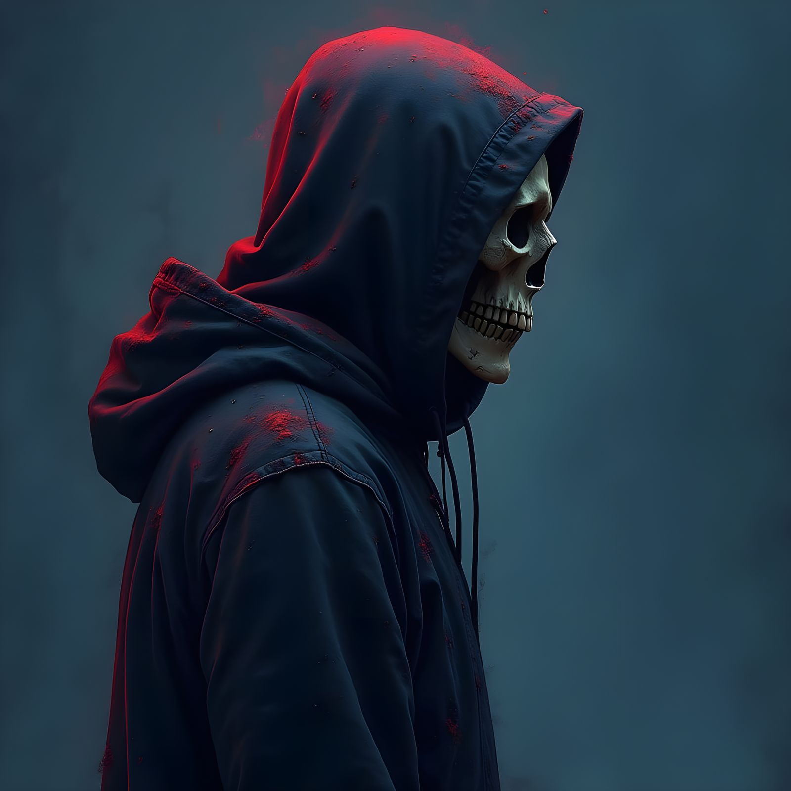 Dark Fantasy Skeleton in Faded Black Hoodie, Silhouetted aga...