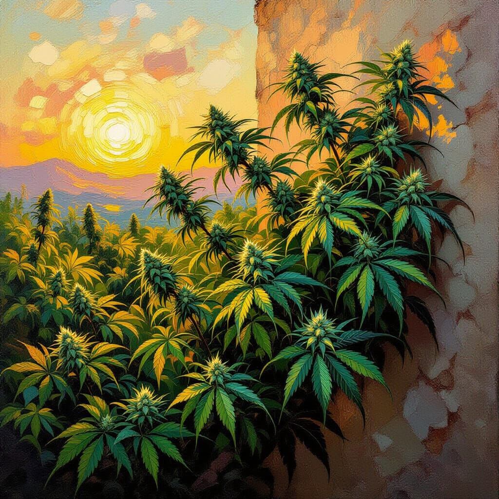 Lush Cannabis Plant in Impasto Oil Painting Style