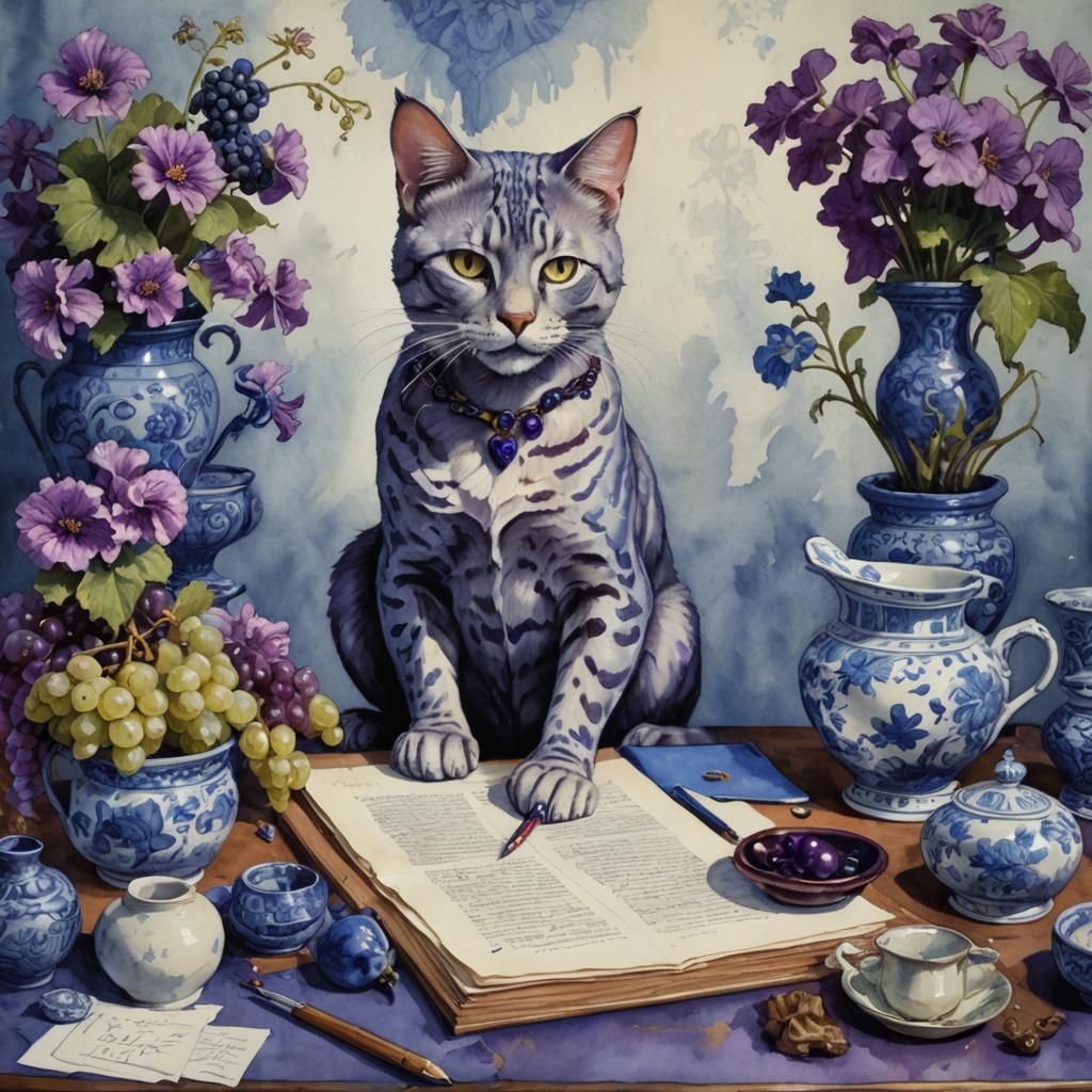 Sinister Cat Still Life in Watercolor