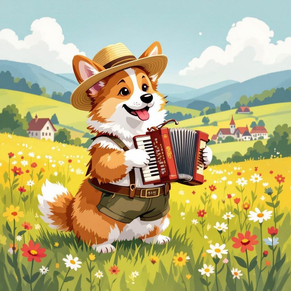 Fluffy Corgi Plays Accordion in Whimsical Watercolor Meadow