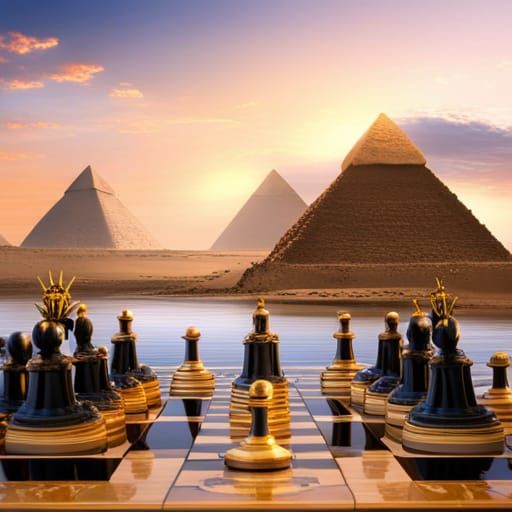 Pharaoh Chess Match with Pyramids, 8K 3D Render