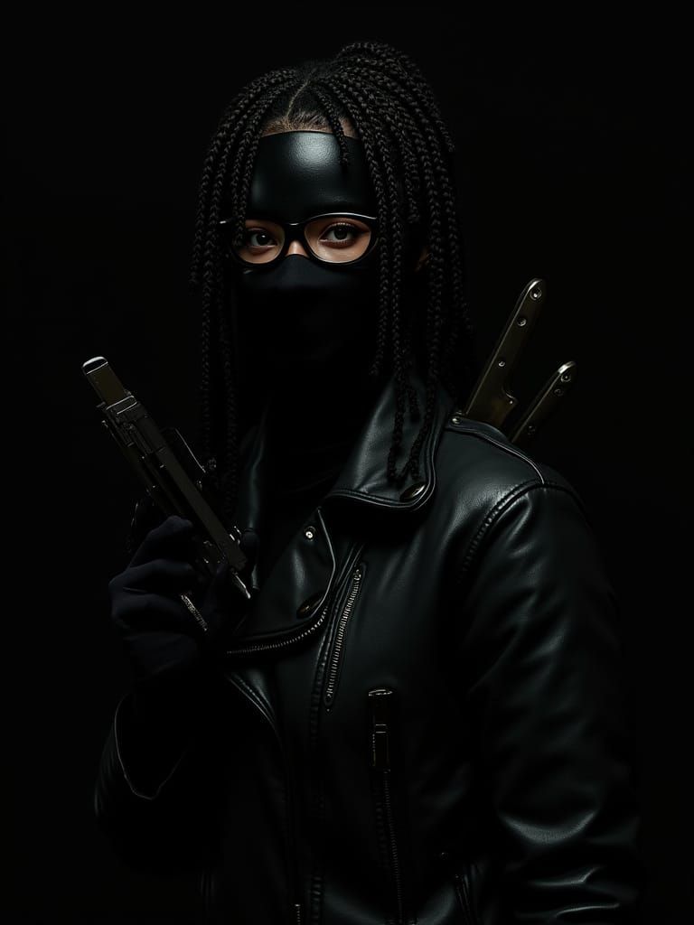 Bank Robbery Scene with Masked Woman in Photorealistic Style