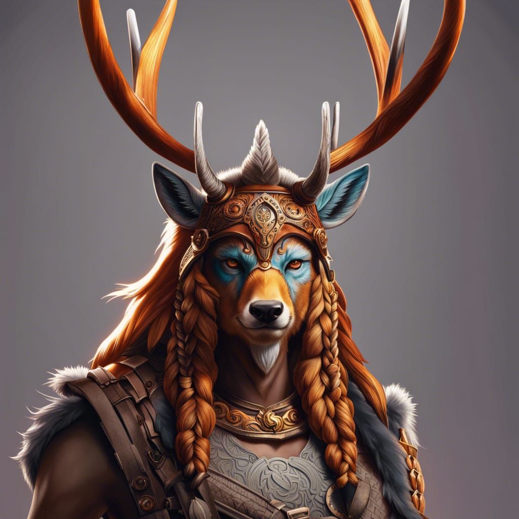 Anthro Deer Viking Warrior Line Art