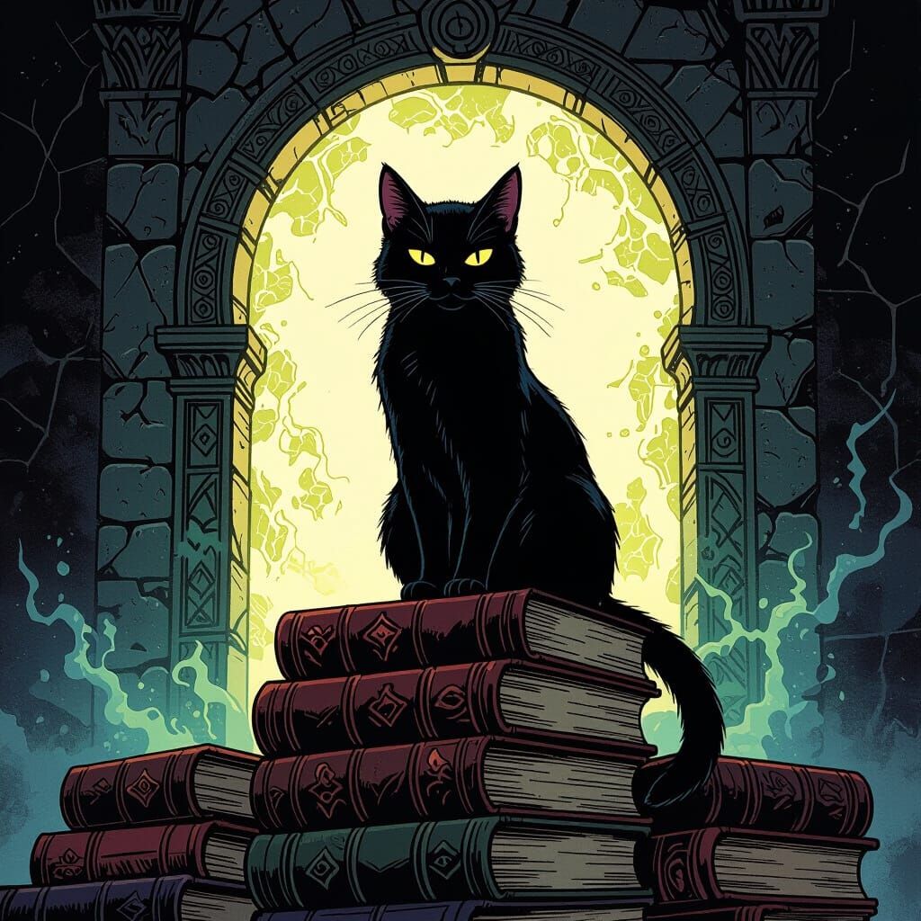 Black Cat on Tomes Before Arcane Portal