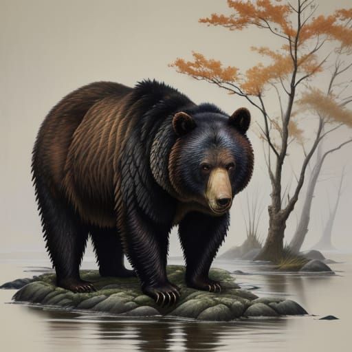 Bear by Stream in Japanese Ink Style Oil Painting