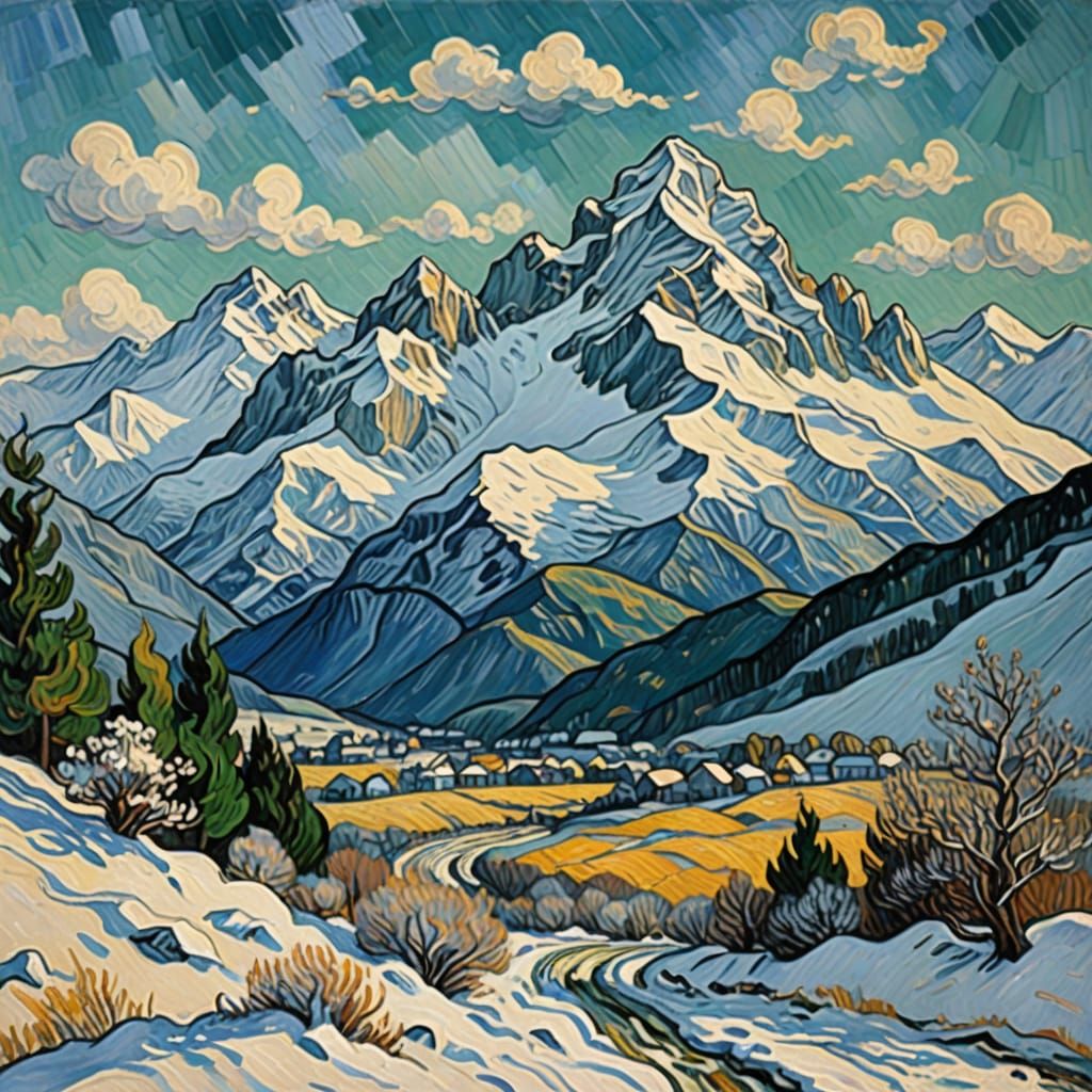 Vibrant Snow-Covered Alps in Impressionist Style