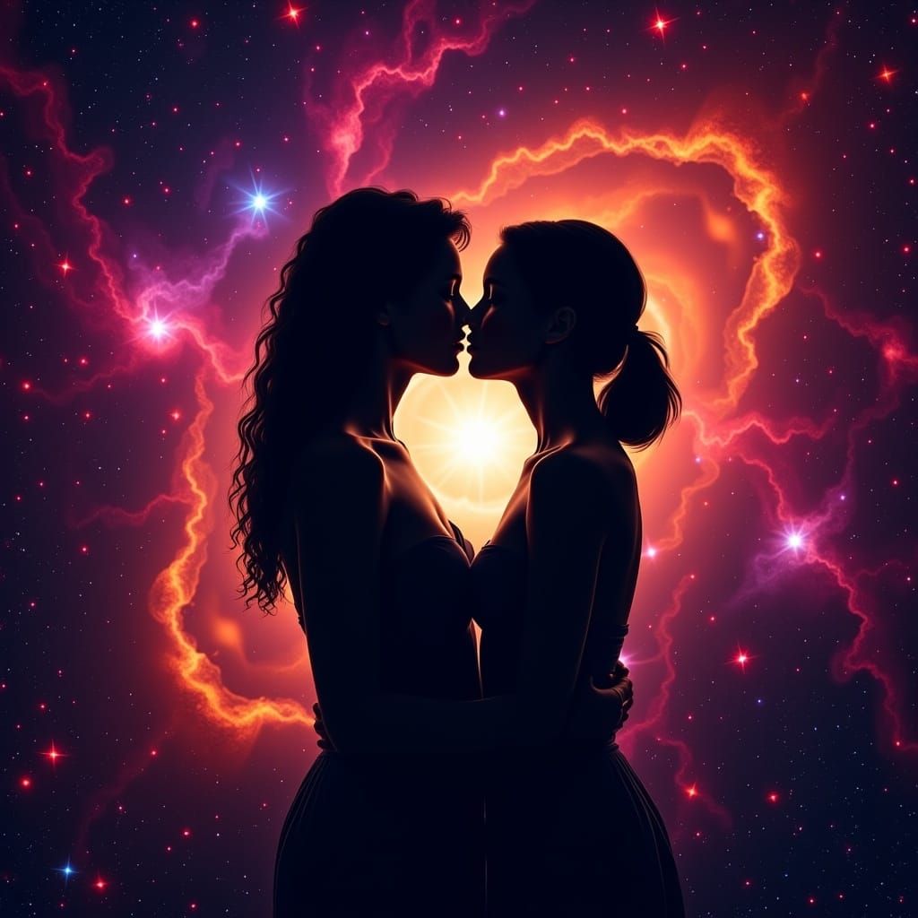 Silhouetted Couple Kissing Under Colorful Galaxy