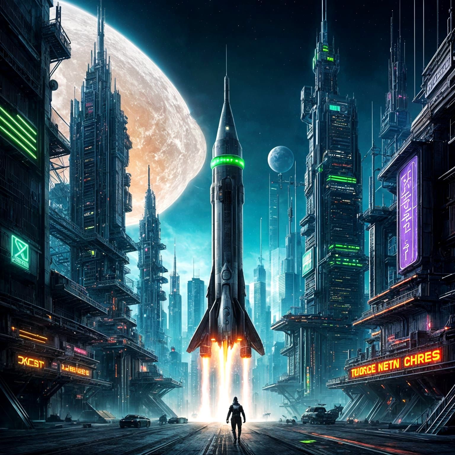 Rocket Soaring Through Cyberpunk Cityscape with Neon Flames