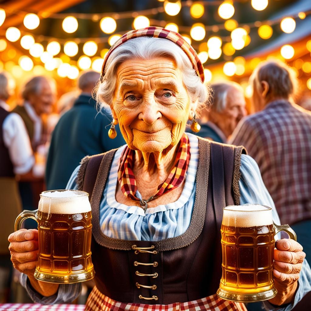 Oktoberfest: Lady with Festive Beer Mugs