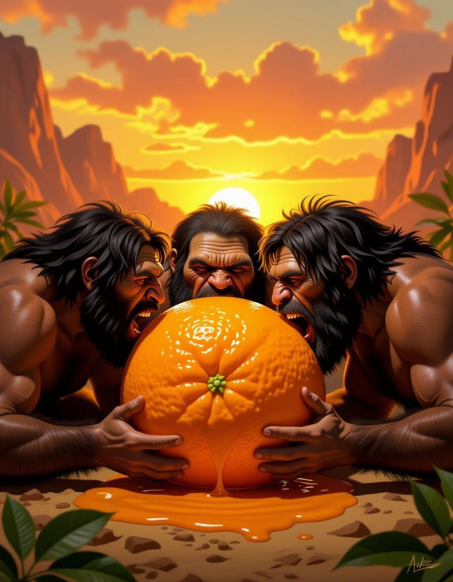 Neanderthals Feast on Giant Orange in Hyperrealistic Digital...