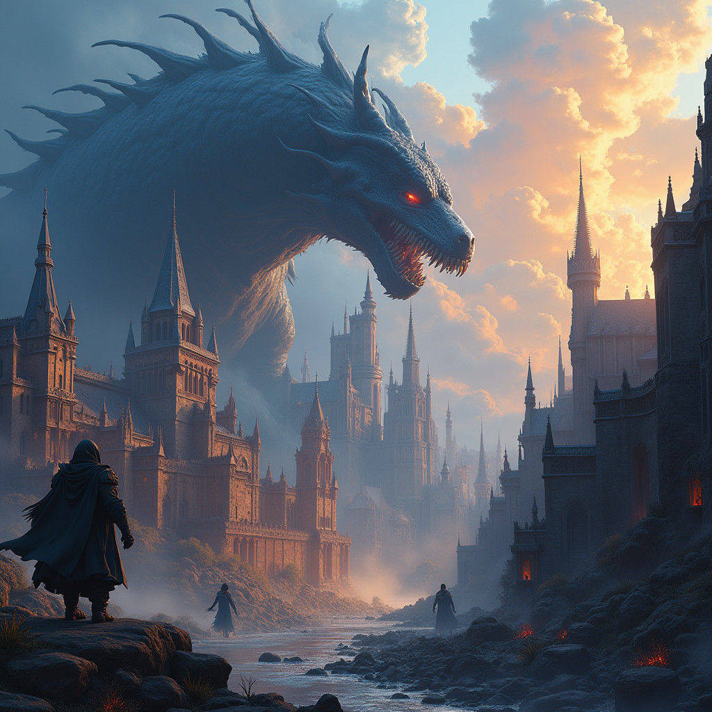 Mystical Fantasy Cityscape Devastated by Fearsome Beasts in....