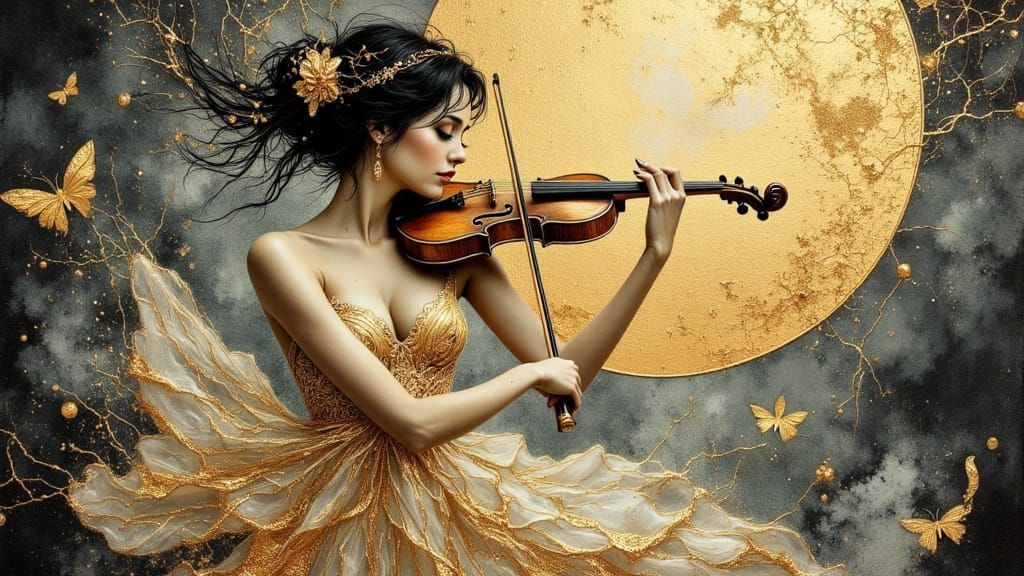Ethereal Woman Plays Violin in Misty Lunar Glow