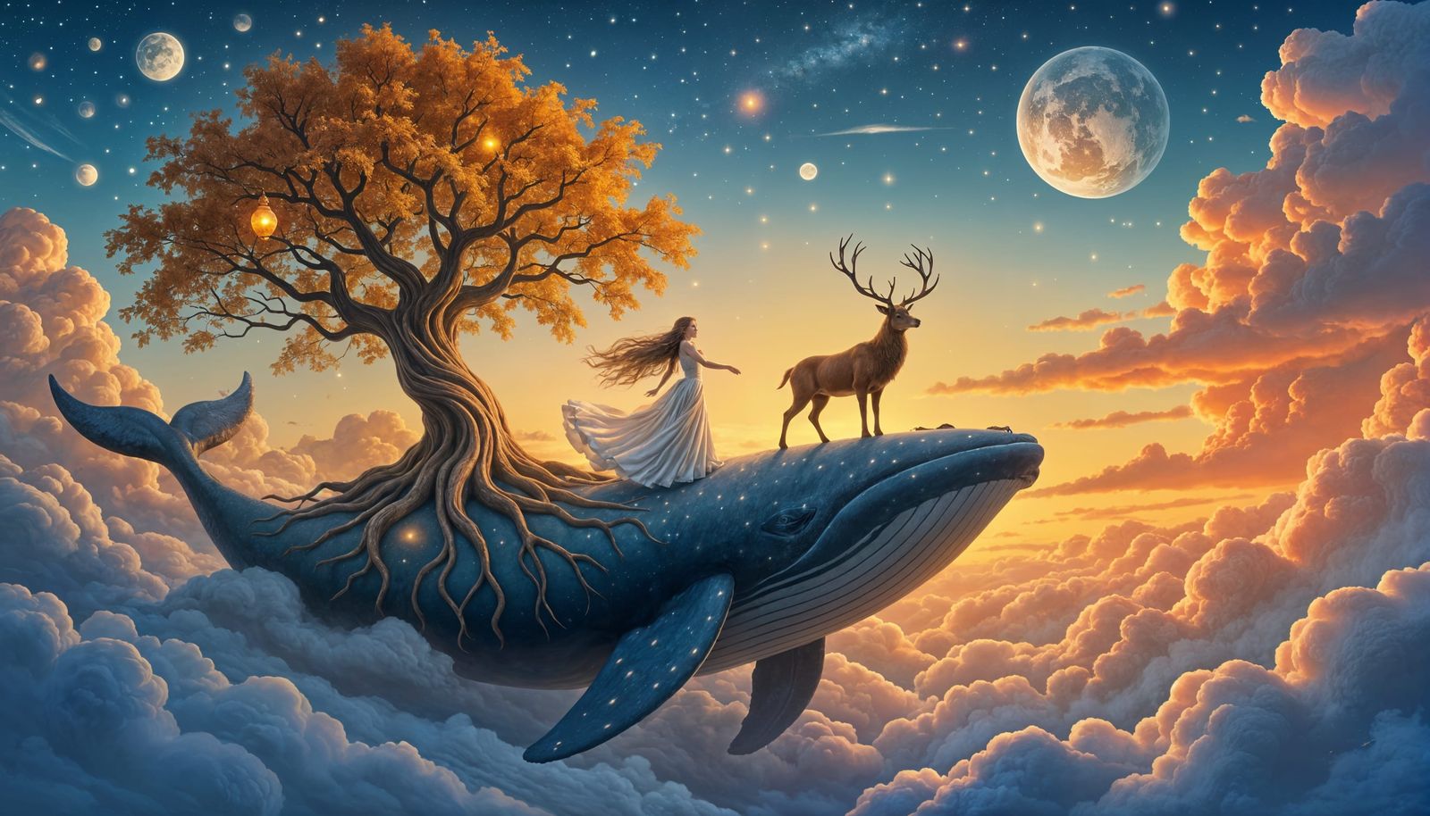Fantasy Tree, Dancer, and Whale in Autumn Sunset
