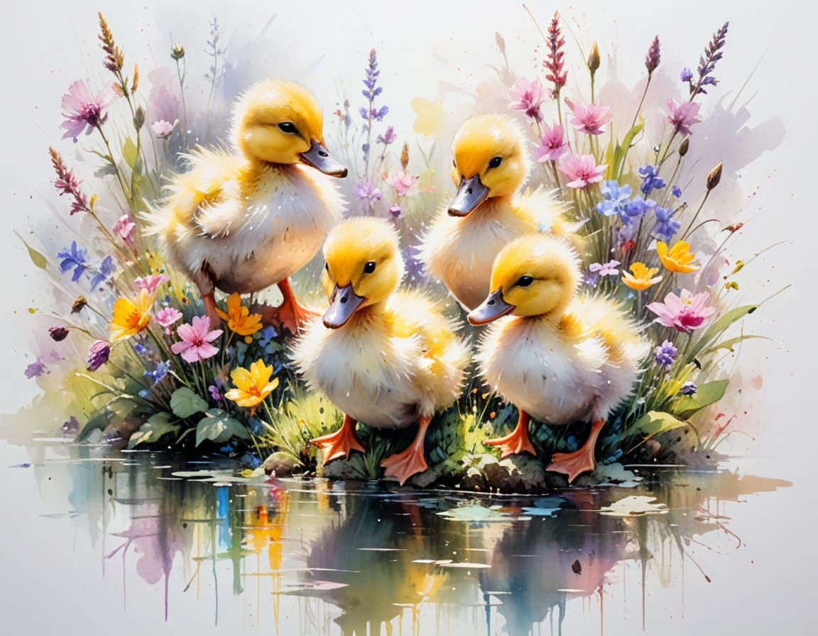 Playful Ducklings in a Sunlit River Garden