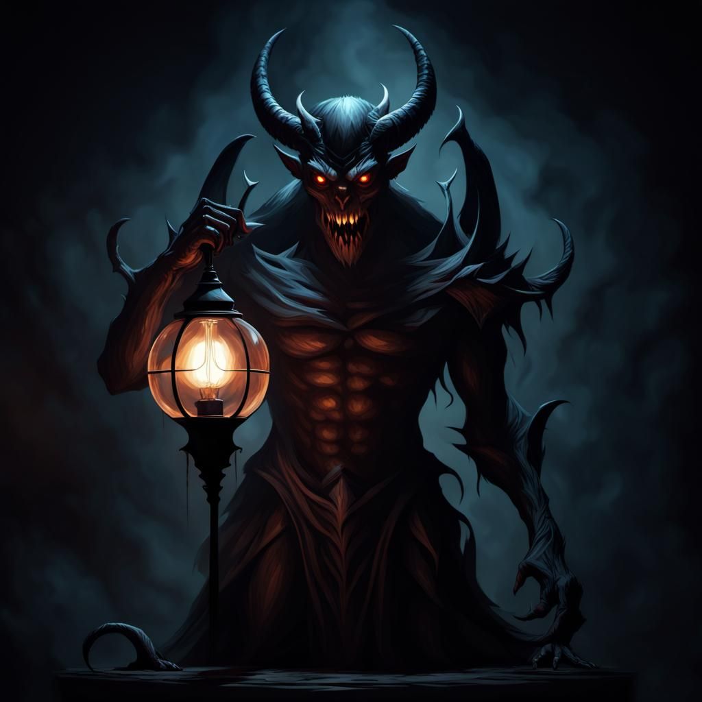 Grimdark Demon in Tenebrism Style with Lamp