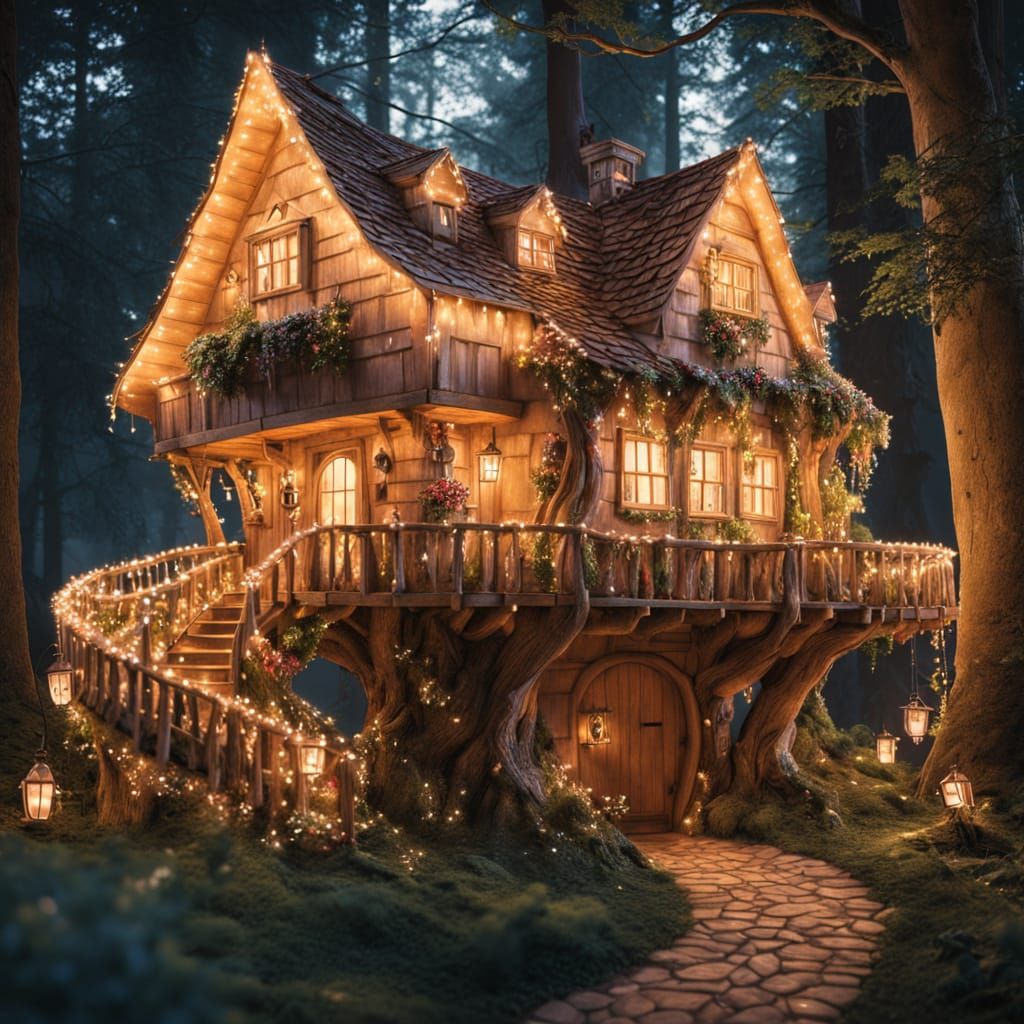 Whimsical Fantasy Treehouse in Enchanted Forest
