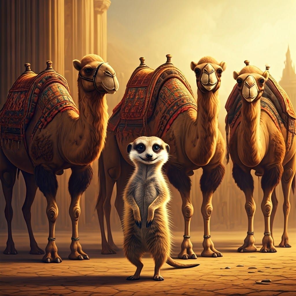 Camels with Expressive Faces, Adorned in Ornate Saddles, Wat...