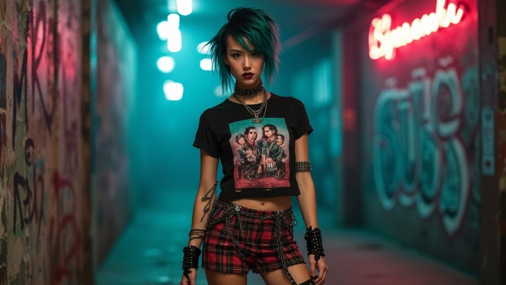 Punk Girl with Asymmetrical Hairstyle in Urban Scene