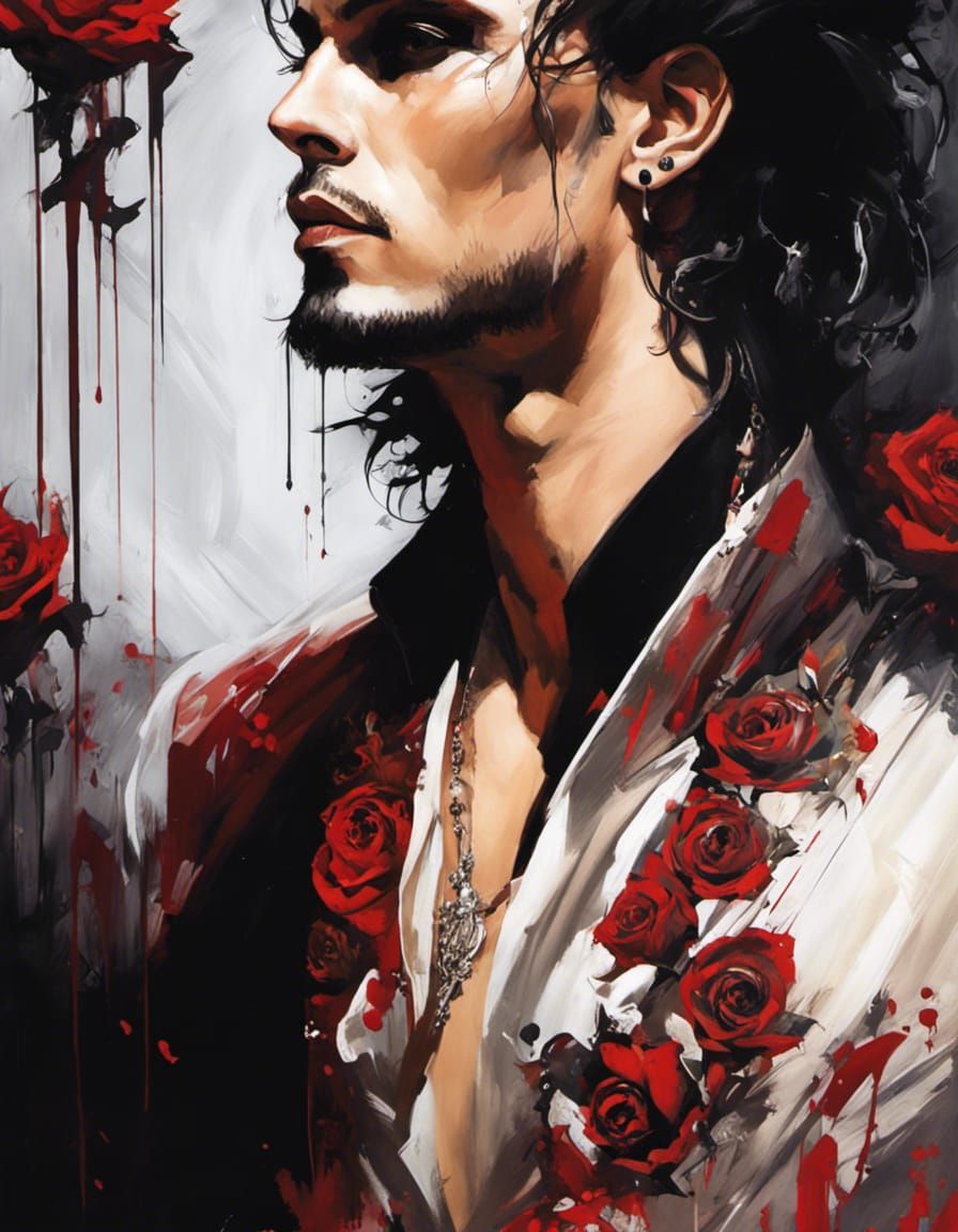 Gothic Male Portrait with Roses in Acrylic Style