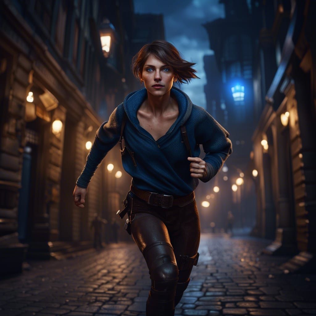 Fantasy Thief Runs Through City Streets